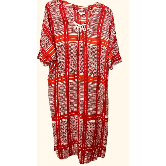 DREAMS & CO. SHORT SLV TIE- UP V-NECK TUNIC LOUNGER, WOMENS, 1X 22/24-RED/WHITE - Picture 1 of 12